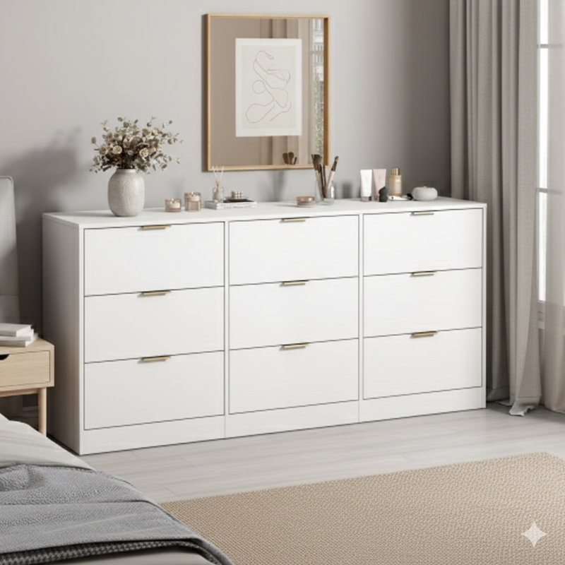 Commode blanche à neuf tiroirs, commode large et profonde de 63 pouces, armoire de rangement en bois avec neuf compartiments pour la chambre à coucher, commode longue pour le salon, couloir.