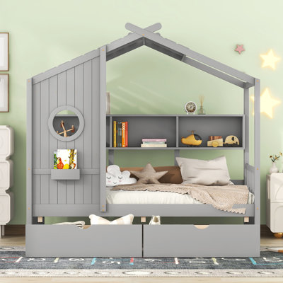 Lit simple en bois avec 2 tiroirs, lit pour enfant avec tablette de rangement, 