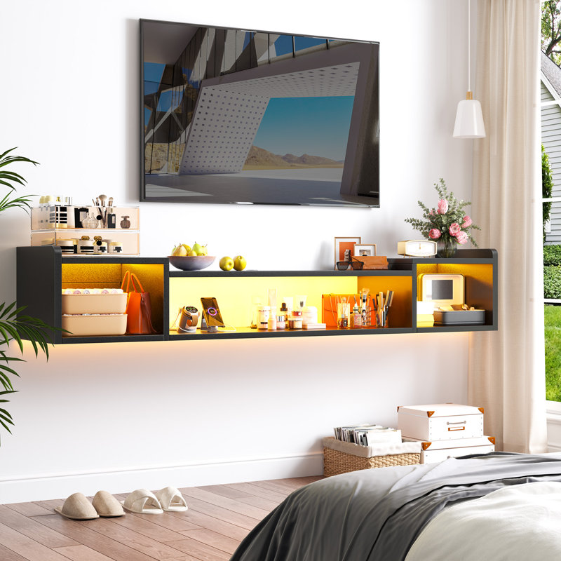 Floating & Floor Tv Stand With Built-in Outlets, Led Lights & Cable Management - 55"/71" Modern Media Console, Black