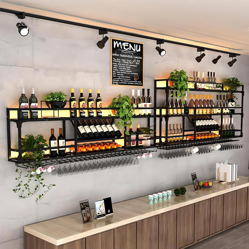 Support à vin mural en métal 31 pouces avec lumière DEL - Support à vin à 3 niveaux avec support en verre - Présentoir à bouteilles peu encombrant