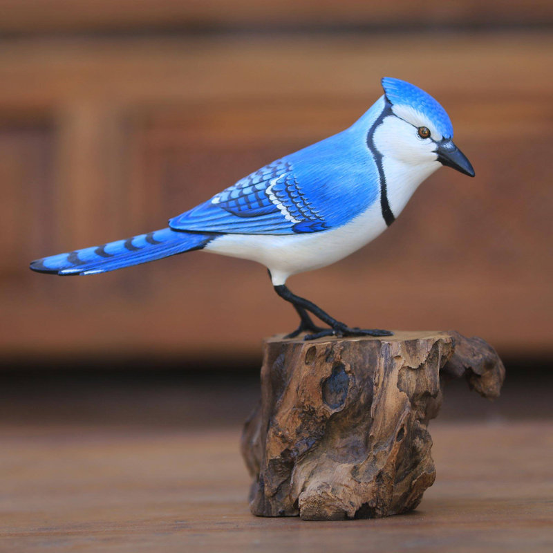Perched Blue Jay Wood Sculpture