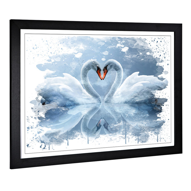 White Swan Love Heart Lake - Print, 45cm H x 62cm W, Framed Picture