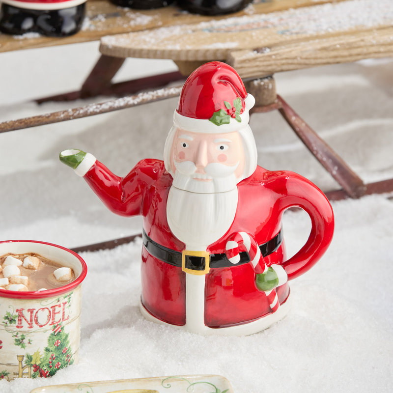Théière en forme de père Noël 3D en céramique casse-noisette - théière festive sculptée avec poignée de canne en sucre