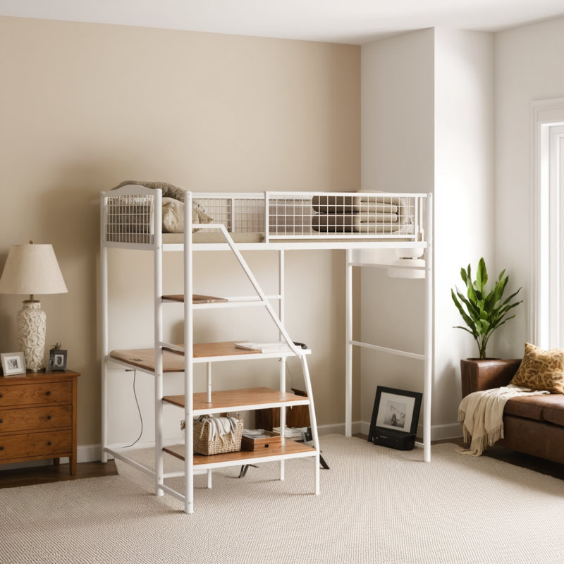 Perfect For Bedrooms And Dorm Rooms, This Metal Bunk Loft Bed Saves Space With A Built-In Charging Station And LED Lighting.