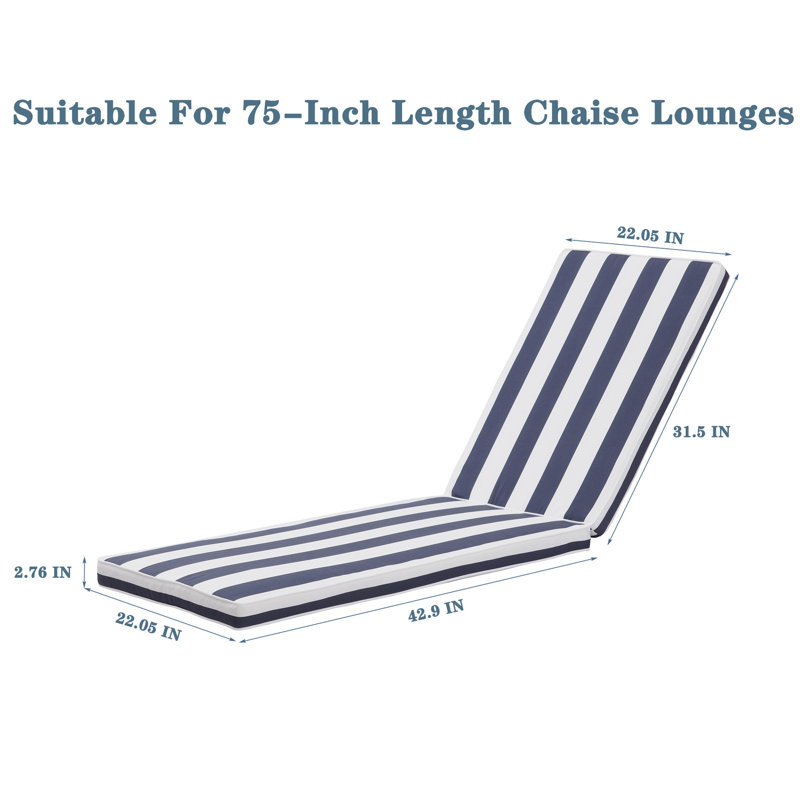 74.4"L X 22.26"W 2.73"H Chaise Lounge Cushions, Blue Striped , To And Fading, High Resilience Sponge Filling, Removable Zipper Covers 2Pcs Outdoor Patio Chair Breathable, Filled, Covers, Fade For