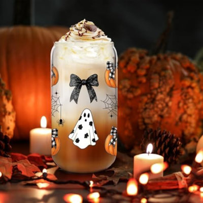 Tasses d'Halloween, tasses à café Mason en pot glacé à la citrouille fantôme 18 oz, gobelets en verre avec couvercles, sacs-cadeaux, bouchons de panier Boo, décorations pour la fête d'Halloween et cadeaux pour femmes adultes enfants