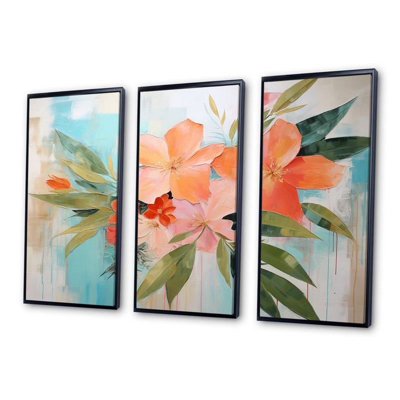 Art moderne moderne, fleurs tropicales roses et vertes - Collages abstraits, H 28 po x l 36 po x P 1 po, Cadre flottant noir