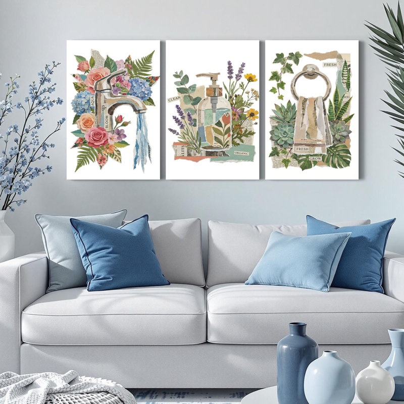Ensemble de 3 tableaux muraux sur toile à motifs floraux et botaniques pour salle de bain, H 36 po x l 72 po