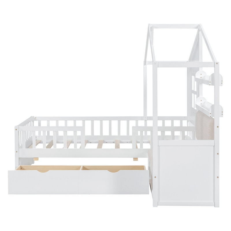Lit plateforme avec tiroirs, canapé et tablette de rangement Playhouse