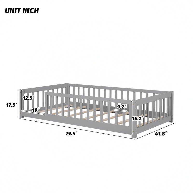 Javarri 17.5''H Bed Frame without Door,Floor Platform Bed with Fence, Grey