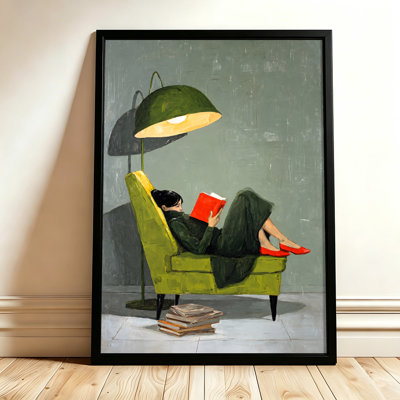 Woman Reading a Red Book in a Green Armchair, Realist Oil Painting Style, 20" x 30" Black Floating Frame Canvas Wall Art