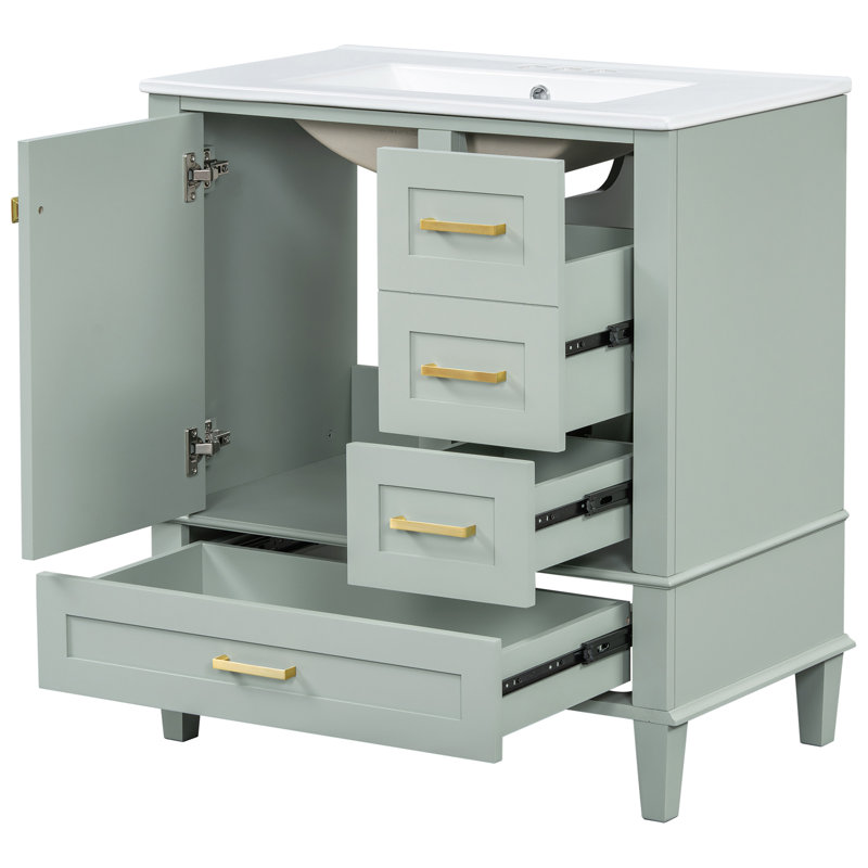 30" Bathroom Vanity with Ceramic Sink, Soft-Close Door with Built-in Shelf, Deep Drawer, Standard Drawer, Long Divider Drawer, Ample Storage Cabinet for Bathroom, Modern & Functional Design