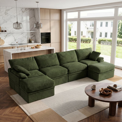 U‑Shaped Modular Cloud Sectional Sofa, Corduroy Upholstered Boneless Corner Couch With Hidden Storage & 2 Ottomans, Modern Minimalist Deep‑Seat Sofa for Living Room, Tool‑Free Easy Assembly