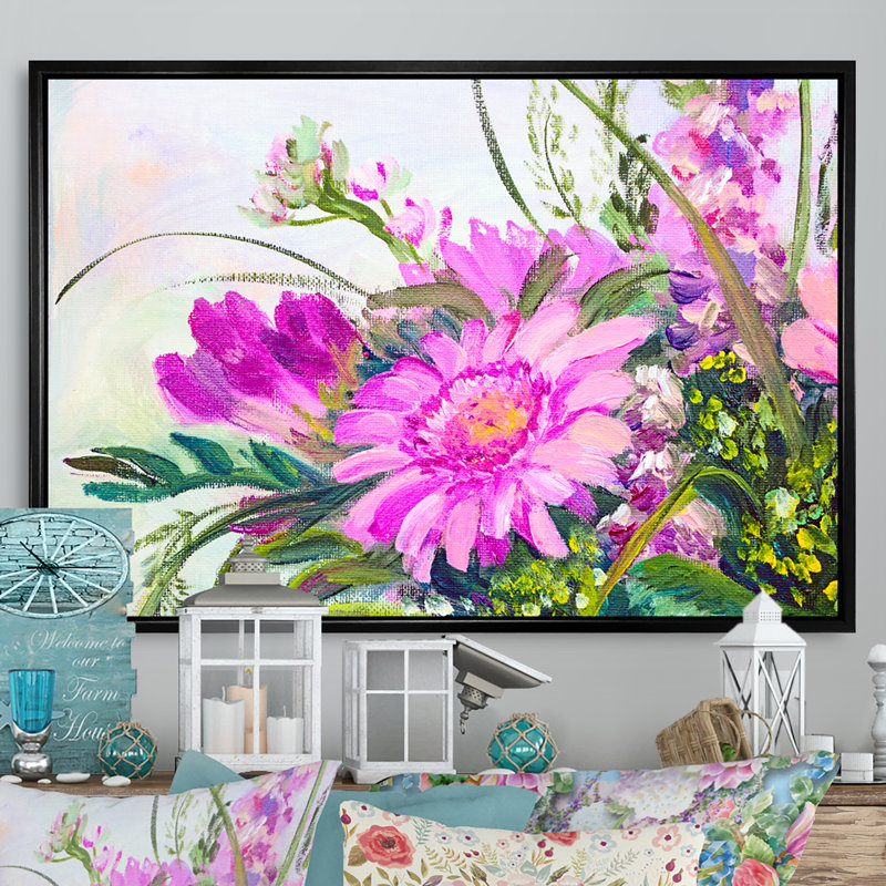 Fleurs d'été rétro mauves - reproduction sur toile, H 24 po x l 36 po x P 1 po, Cadre flottant noir