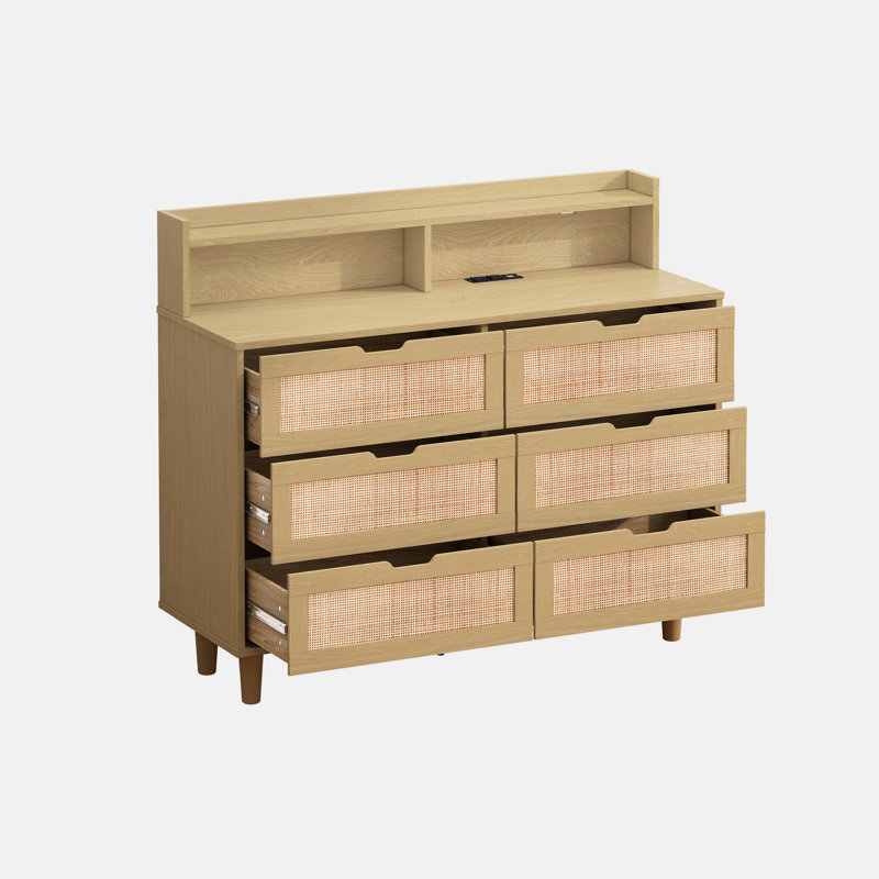 Chaunta 6-Drawers Rattan Storage Cabinet Rattan Drawer with LED Lights and Power Outlet,for Bedroom,Living Room, Gray/Natural