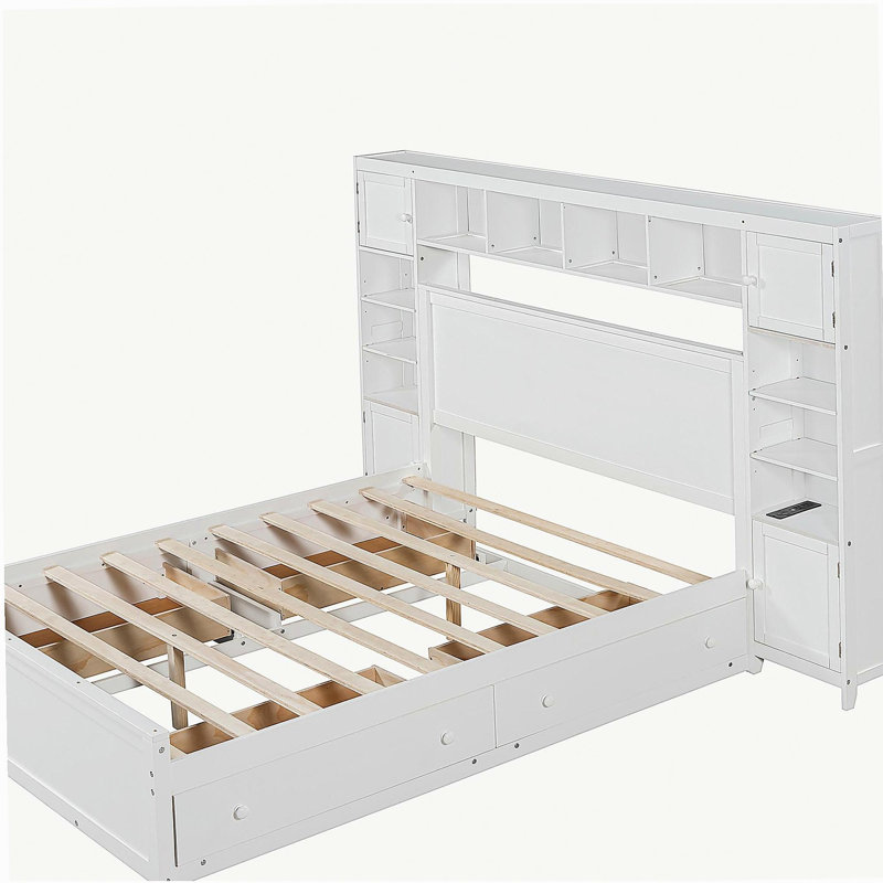  Lit en bois avec garde-robe intégrée, bibliothèque et prise de courant, blanc, White