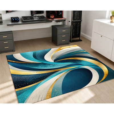 Tapis d'intérieur en velours à motifs abstraits de vagues bleues, dorées et blanches, style moderne, avec dos antidérapant. Décor élégant pour salon, chambre, cuisine, balcon ou appartement.