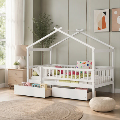 Lit simple en bois avec deux tiroirs, blanc