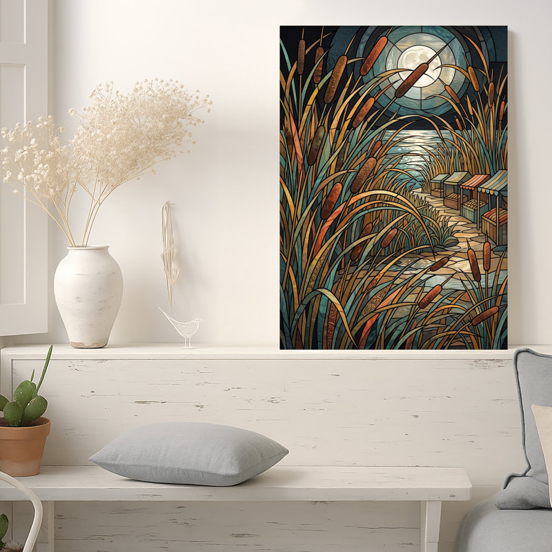 Art mural sur toile Statted Glass Cattails and Moonlit Water Path, H 36 po x l 24 po