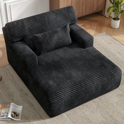 Oversized Corduroy Chaise Lounge Chair, Plush Upholstered Sleeper Chair With Back & Throw Pillow For Living Room, No Assembly Required