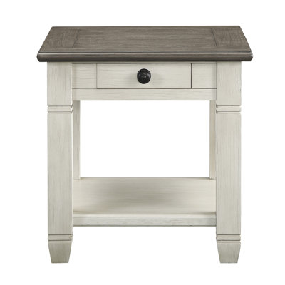 Casual Wood End Table With Drawer And Shelf In Antique White Look Wooden Space For Decorative Purposes
