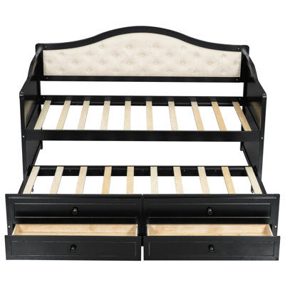 Twin Size Bed With Trundle And 2 Storage Drawers, Upholstered Button Back, Space Solution For Home