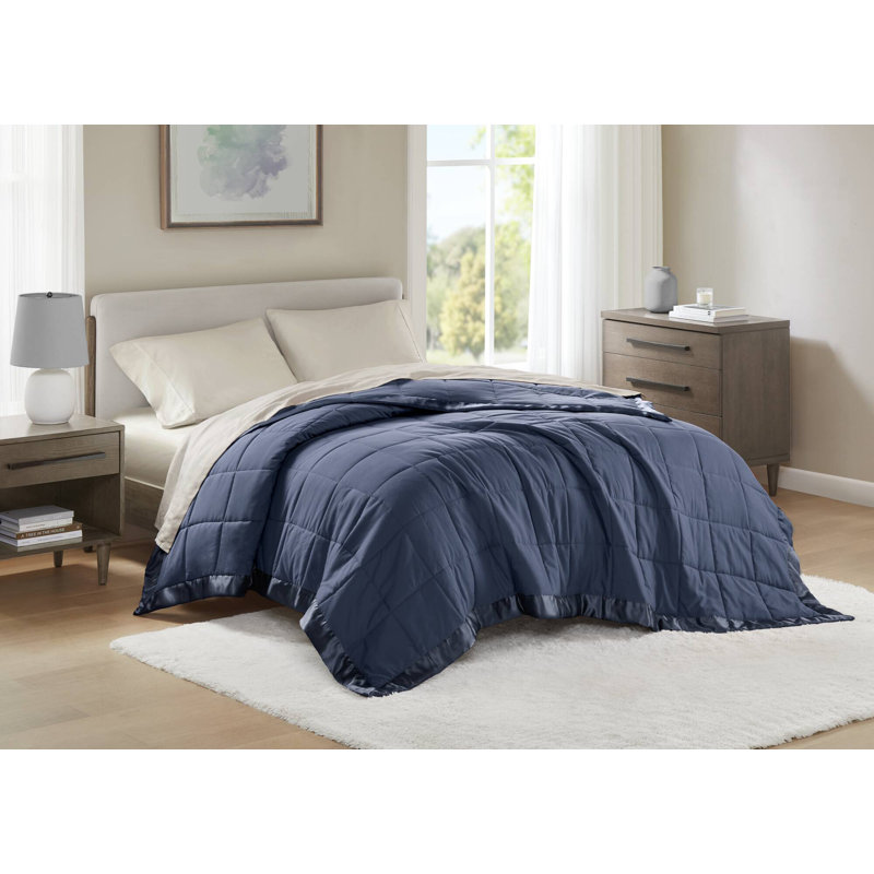 Couverture légère en duvet synthétique avec bordure en satin , Simple, Bleu marine