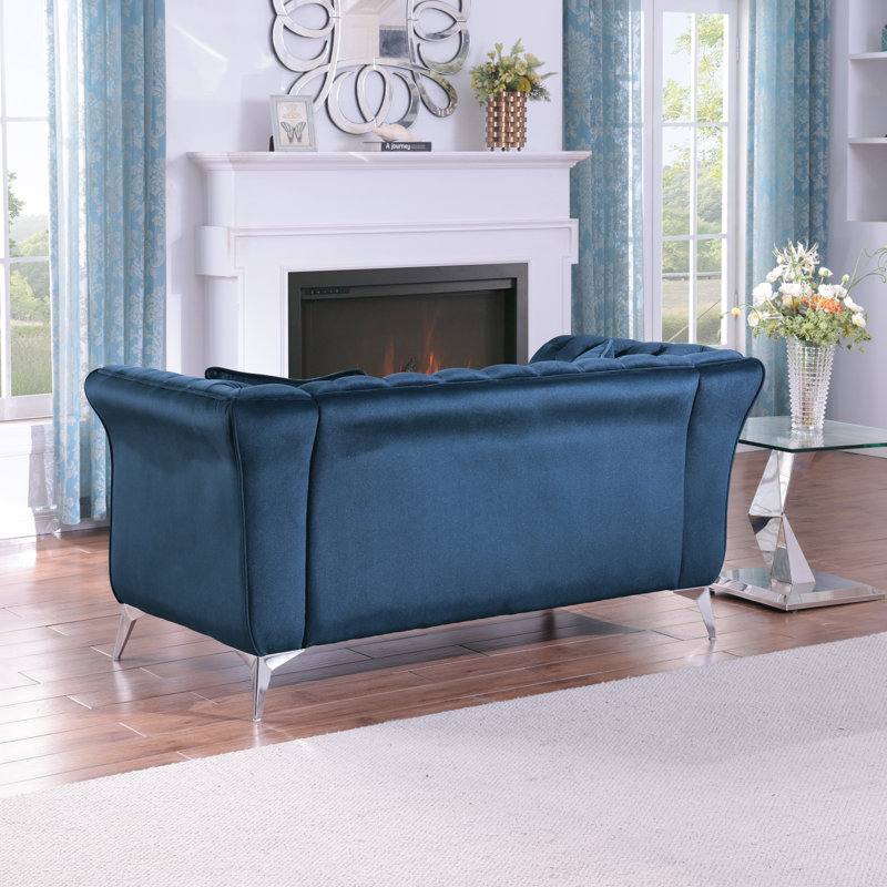 Geneveve 64.2" Velvet Rolled Arm Chesterfield Loveseat, Blue