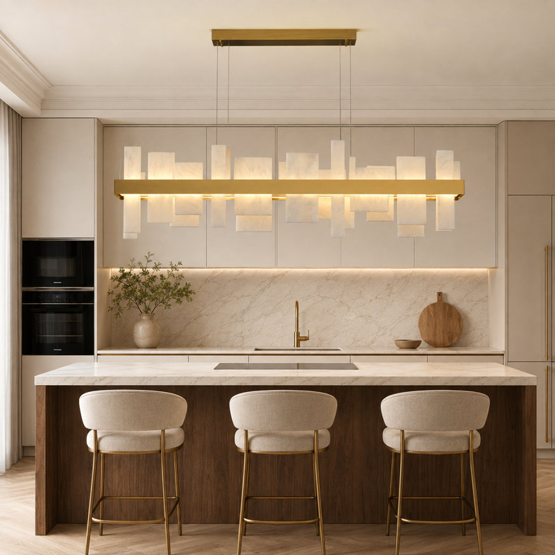 Cataleya Dimmable LED Alabaster Kitchen Island Square / Rectangle  Chandelier, Brass