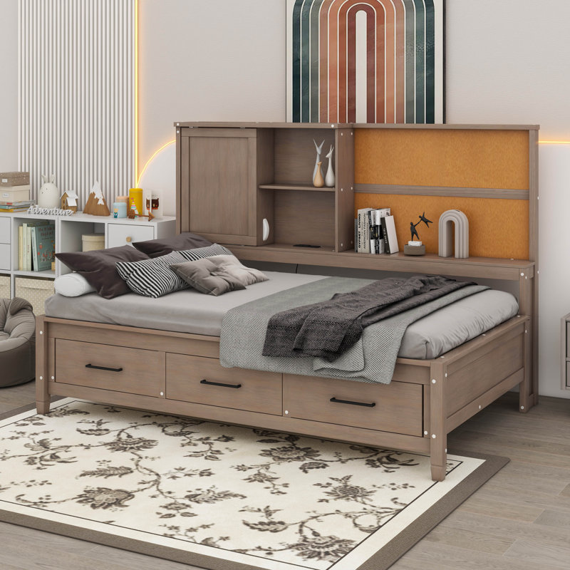 Cara Twin Size Lounge Daybed with Storage Shelves, Antique Wood