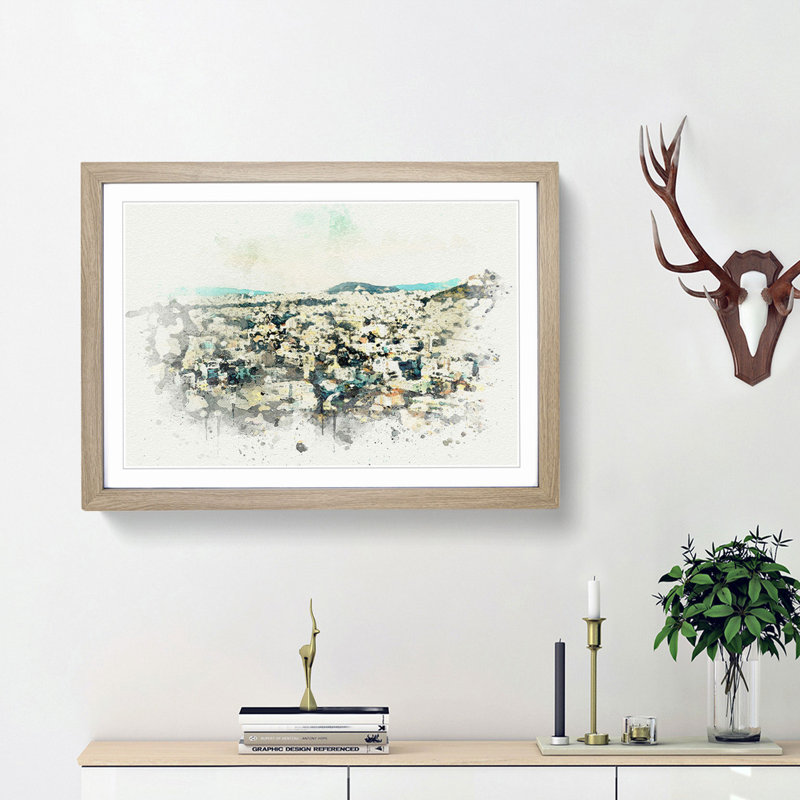 Athens Skyline in Greece in Abstract - Picture Frame Graphic Art Print, 36cm H x 48cm W x 2cm D, Oak Framed