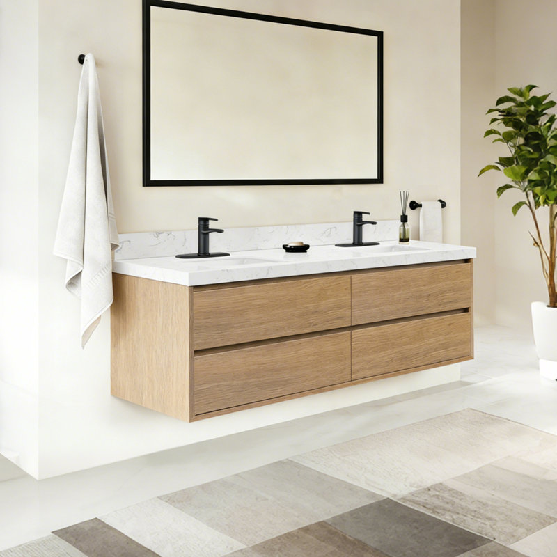 Meuble-lavabo mural moderne avec tiroirs flottants, Chêne, 72"