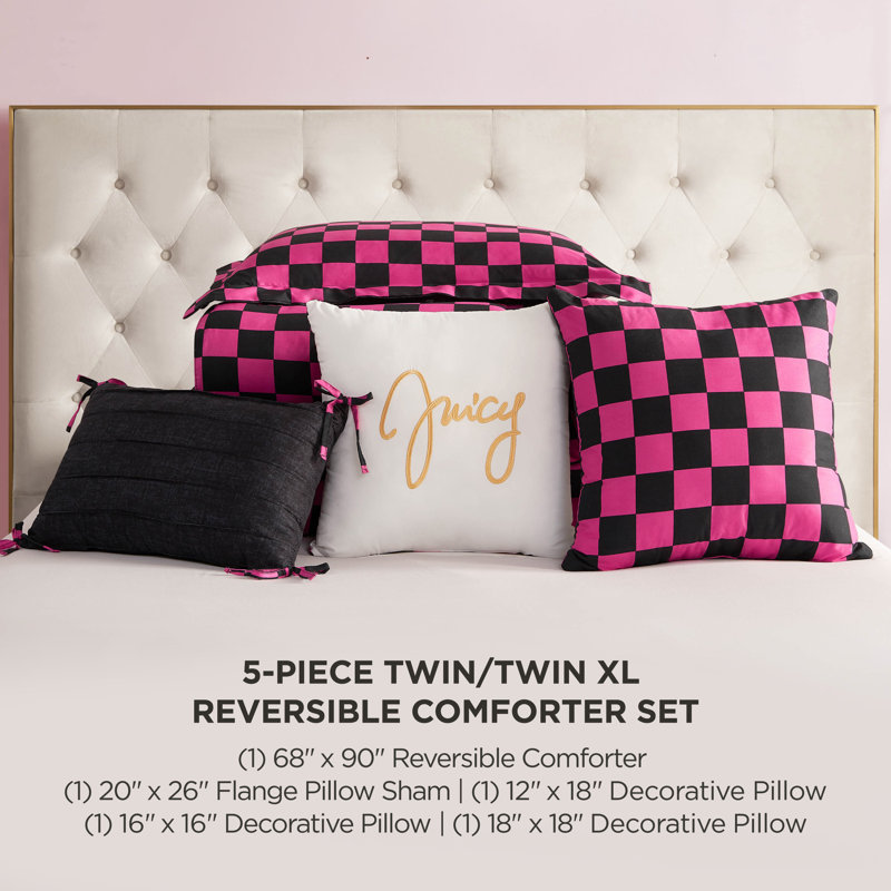 Juicy Couture Checkerboard Comforter Sets, Twin Extra Long Comforter + 4 Additional Pieces, Black/Hot Pink