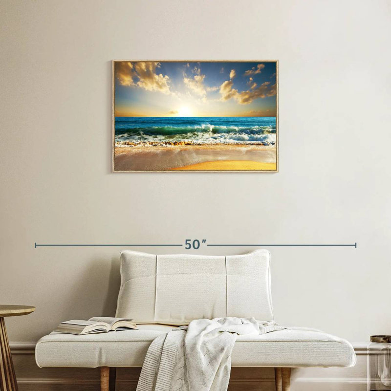 Coucher de soleil sur l'océan, Cadre flottant en bois naturel, 31 po x 21 po
