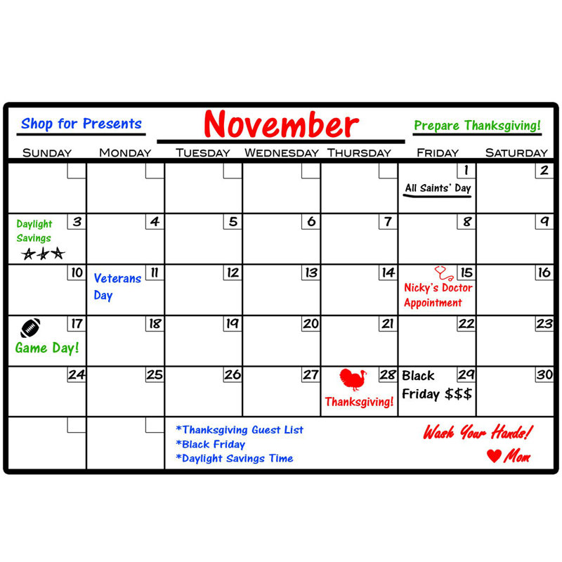 Adhésif décoratif calendrier effaçable à sec, H 32 po x l 48 po