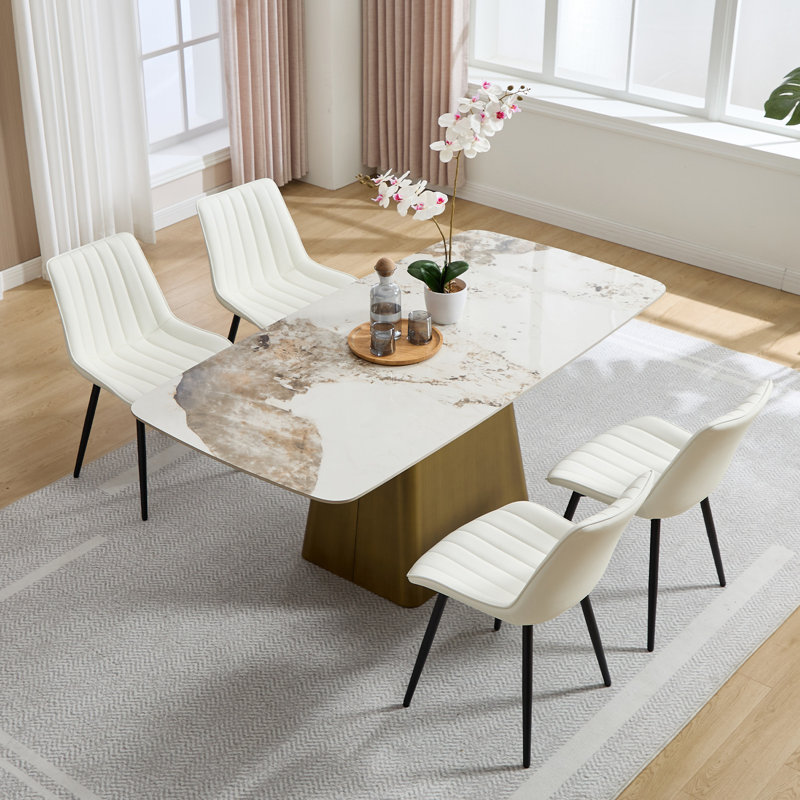 PU Leather Upholstered Dining Chairs, Modern Side Chairs with Metal Legs White (Set of 4), 4, White