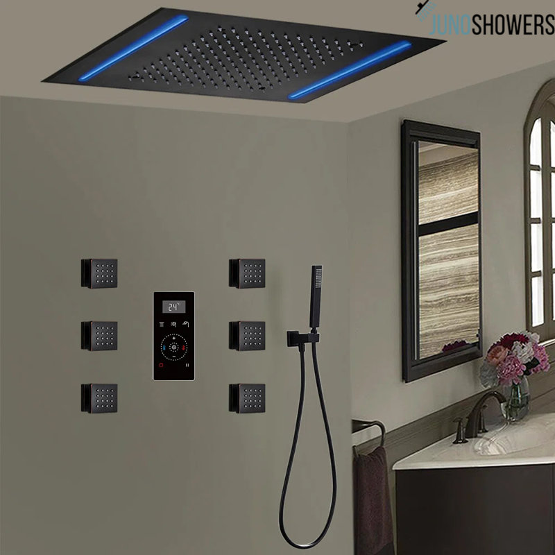 Système de douche chromé à 6 jets avec valve thermostatique et tête de pluie