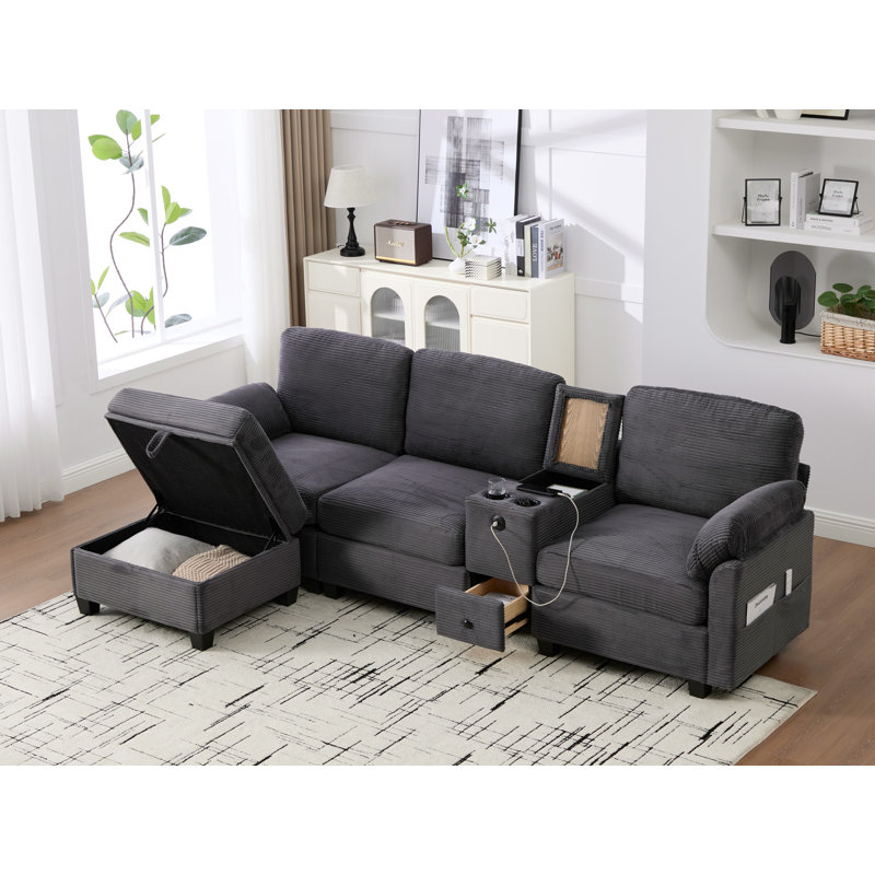 Canapé modulaire avec repose-pieds, Velours côtelé gris