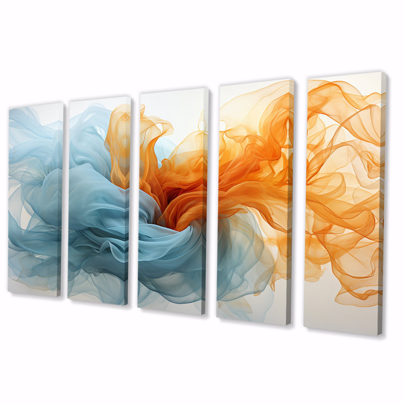 Encre liquide orange vif et turquoise III - formes abstraites, reproduction d'art sur toile - 5 panneaux égaux