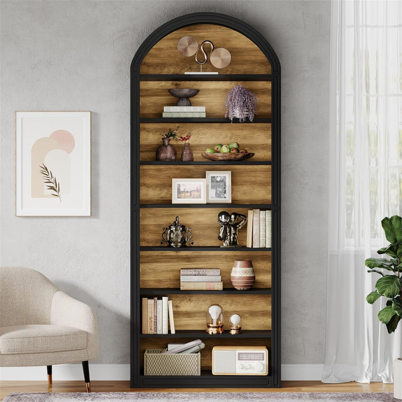 79.53" Tall 8-Tier Black & Brown Arched Open Display Storage Shelving Unit For Living Room, Black/Brown