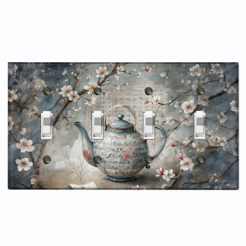 Couvercle de plaque d'interrupteur en métal; Bascule standard à 4 bandes US - théière florale et fleurs de cerisier