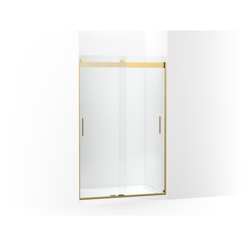 Levity 47.63" x 74" Double Sliding Shower Door with Blade Handles with CleanCoat Technology, Moderne Brass