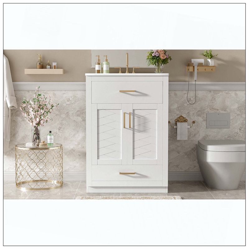 Meuble-lavabo simple encastré en céramique avec lavabo intégré 2 portes, Blanc