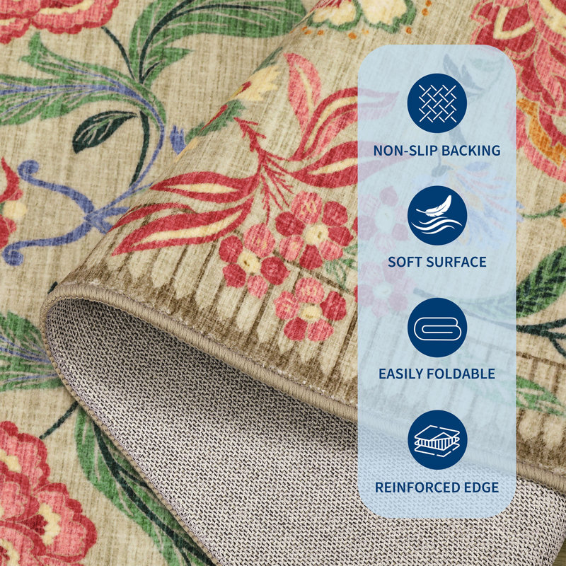 Floral Machine Washable Area Rugs for Living Room Bedroom Soft Non-Slip Vintage Dining Room Rug Low Pile Botanical Floor Carpet for Kids Room Classroom