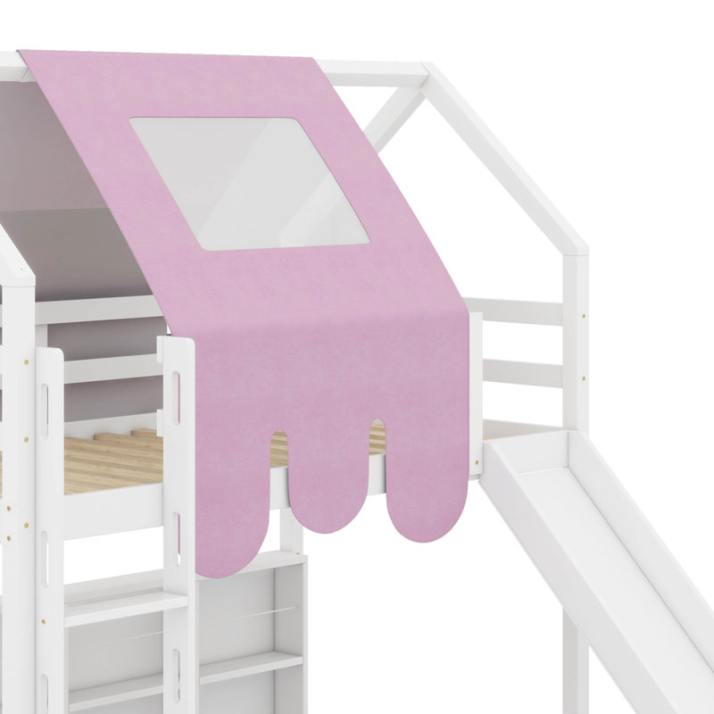 Lit mezzanine simple en bois avec tente, Blanc / Rose