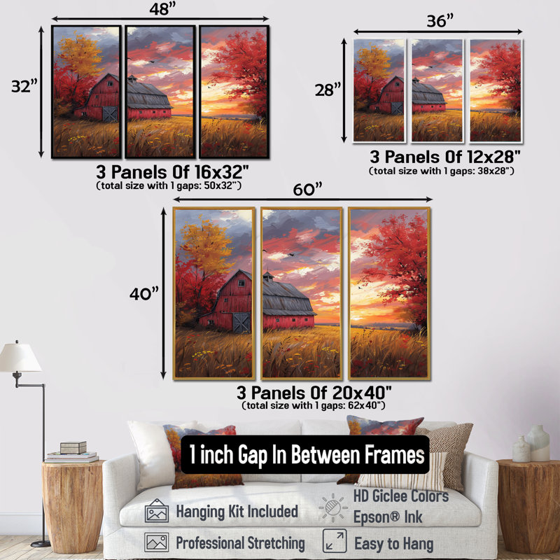 «Autumn Red Barn Breeze II», ensemble de reproductions d'art mural, Cadre flottant noir, H 28 po x l 36 po x P 1 po