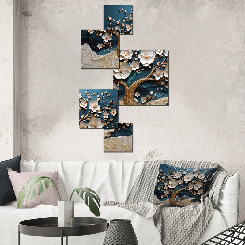 Orchidée bleue et blanche dorée de branches I - ensemble d'art mural carré en forme d'arbre de 5