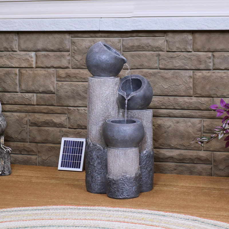 Sunnydaze Weather-Resistant Cascading Tiered Cups Contemporary Gray Polyresin Solar Water Fountain with Light