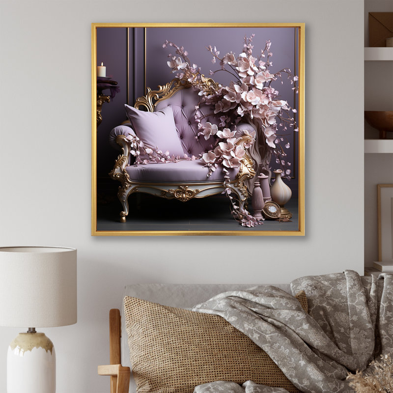 Canapé lilas orné d'accents dorés - lilas, art mural, H 36 po x l 36 po x P 1,5 po, Cadre flottant doré