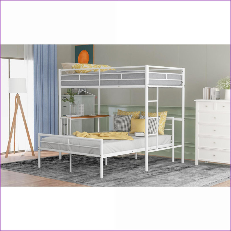 Twin Over Full Metal Bunk Bed with Built-in Desk - No Box Spring Needed, Metallic White for Bedroom